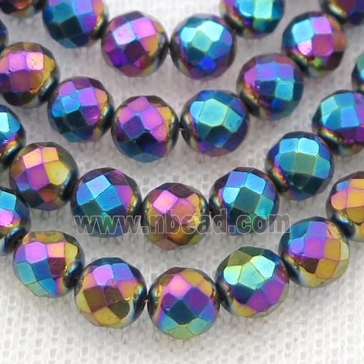 Hematite beads, faceted round, rainbow electroplated