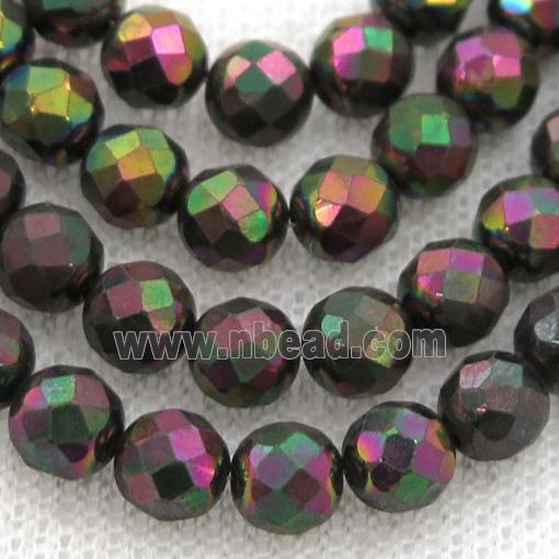 Hematite beads, faceted round, multicolor electroplated