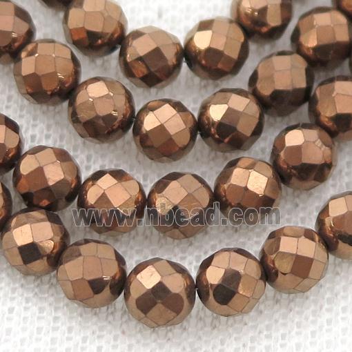 Hematite beads, faceted round, brown electroplated