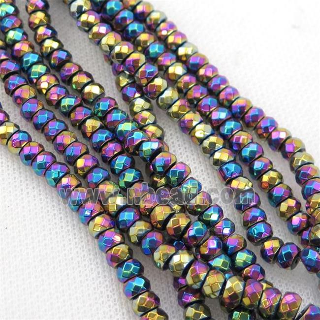 Hematite beads, faceted rondelle, rainbow electroplated