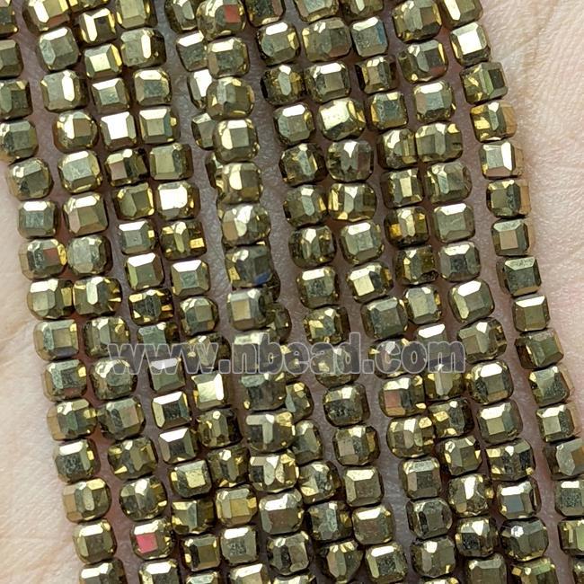 Hematite Beads Faceted Cube Gold Electroplated