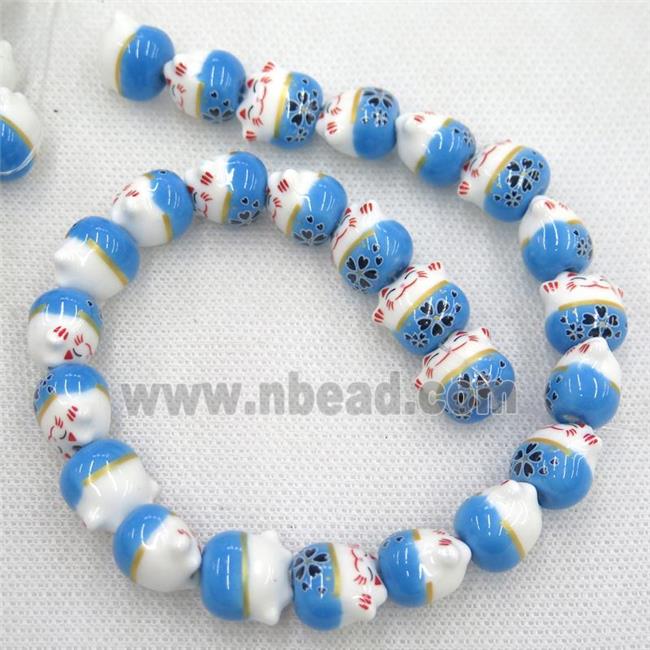 blue Oriental Porcelain beads, fortune cat