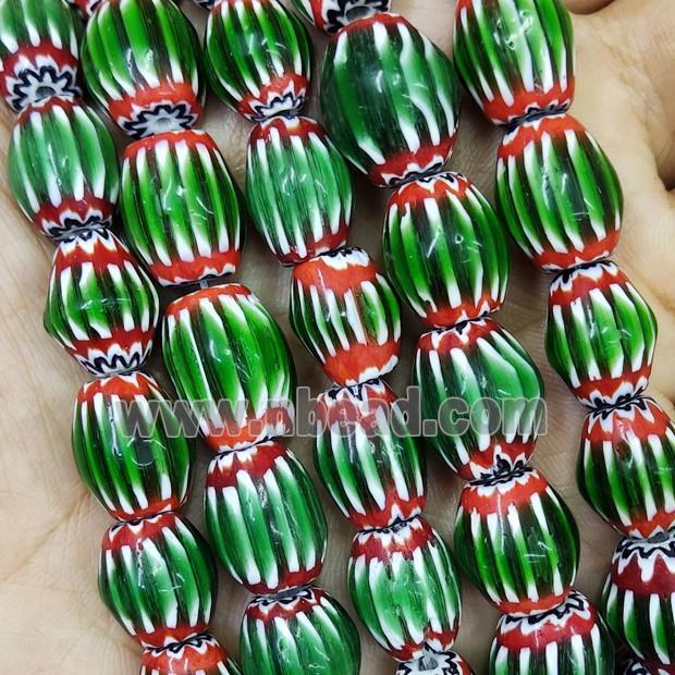 Nepal Style Green Lampwork Glass Chevron Beads Barrel