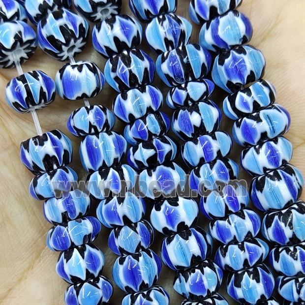 Nepal Style Blue Lampwork Glass Rondelle Chevron Beads