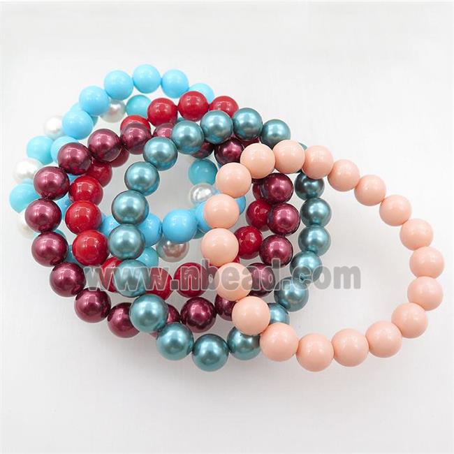 pearlized shell bracelet, stretch, round, mixed