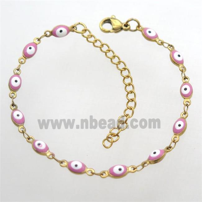 stainless steel bracelet with pink evil eye, Adjustable, gold plated