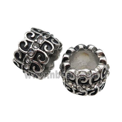 Stainless Steel tube Beads pave rhinestone, large hole, antique silver