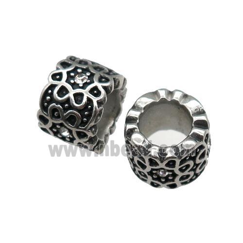 Stainless Steel tube Beads pave rhinestone, large hole, antique silver