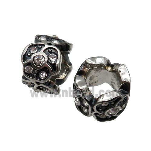 Stainless Steel tube Beads pave rhinestone, large hole, antique silver