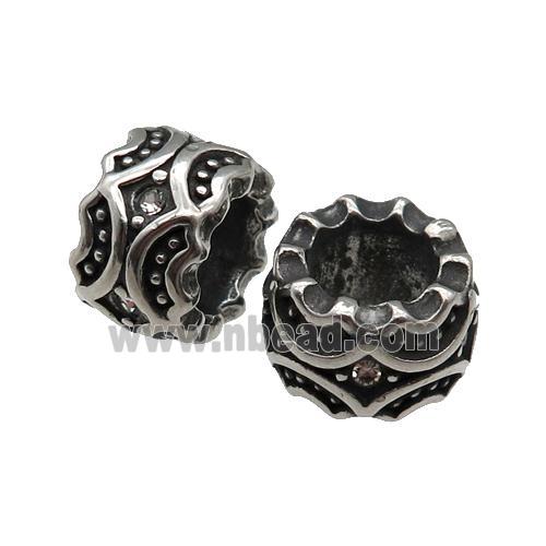 Stainless Steel tube Beads pave rhinestone, large hole, antique silver