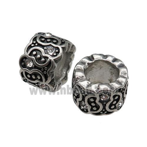 Stainless Steel tube Beads pave rhinestone, large hole, antique silver