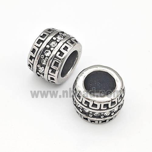 Stainless Steel European Beads Tube Micro Pave Rhinestone, large hole, antique silver