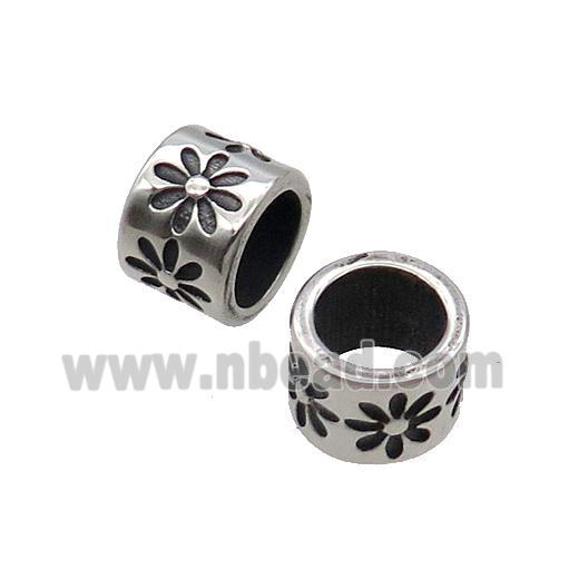 Stainless Steel Tube Beads Flower Large Hole Antique Silver