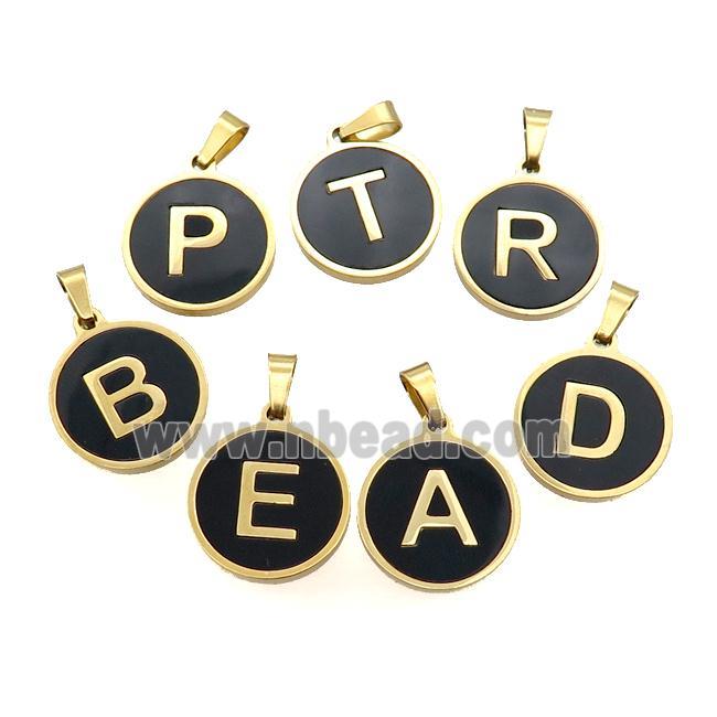 Stainless Steel Letter Pendant Pave Black Agate Circle Mix Alphabet Gold Plated