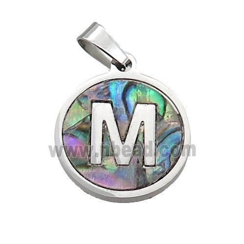 Raw Stainless Steel Pendant Pave Abalone Shell Letter-M