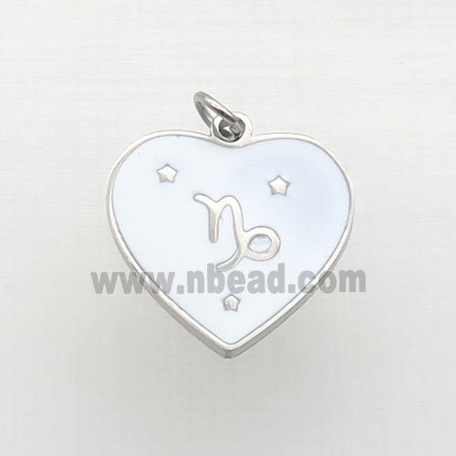 Raw Stainless Steel Heart Pendant White Enamel Zodiac Capricorn