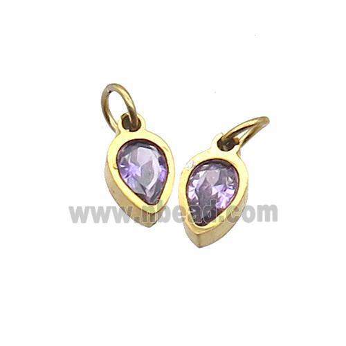 Stainless Steel Teardrop Pendant Pave Purple Zircon Gold Plated