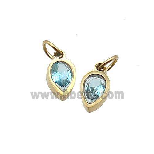 Stainless Steel Teardrop Pendant Pave Aqua Zircon Gold Plated