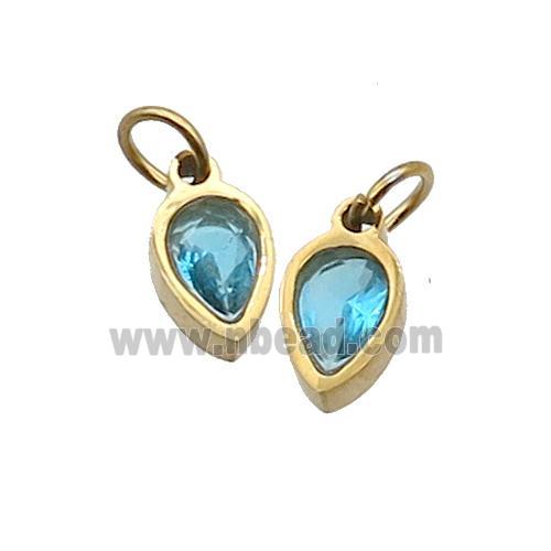 Stainless Steel Teardrop Pendant Pave Aqua Zircon Gold Plated