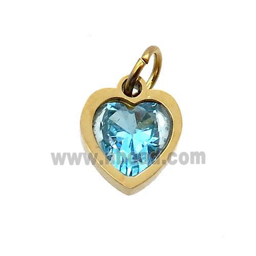 Stainless Steel Heart Pendant Pave Aqua Zircon Gold Plated