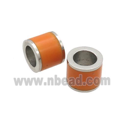 Raw Stainless Steel Column Beads Orange Enamel Large Hole