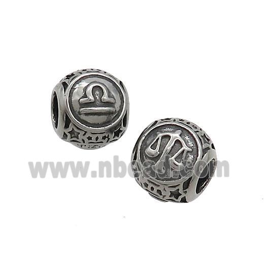 Stainless Steel Round Beads Zodiac Libra Antique Silver