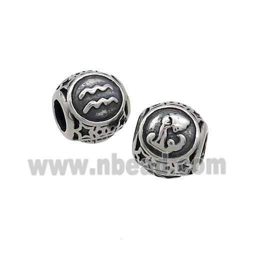 Stainless Steel Round Beads Zodiac Aquarius Antique Silver