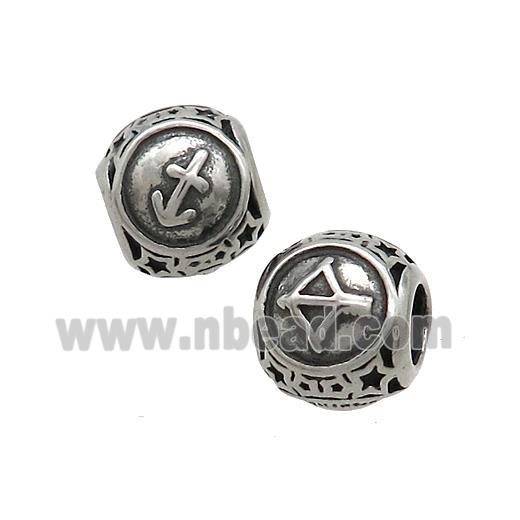 Stainless Steel Round Beads Zodiac Sagitarius Antique Silver