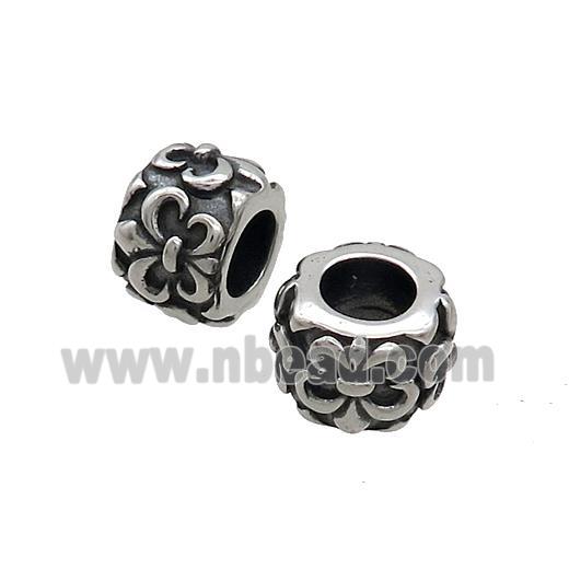 Stainless Steel Column Beads Fleur-de-lis Large Hole Tube Antique Silver