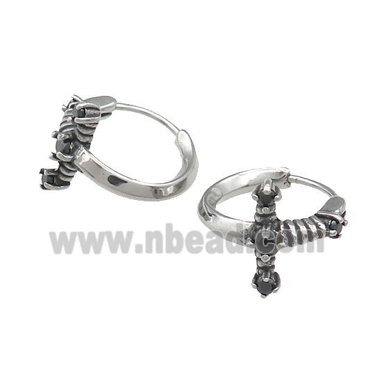 Stainless Steel Hoop Earrings Pave Rhinestone Antique Silver