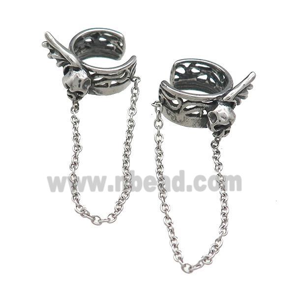 Stainless Steel Clip Earrings Skull Antique Silver