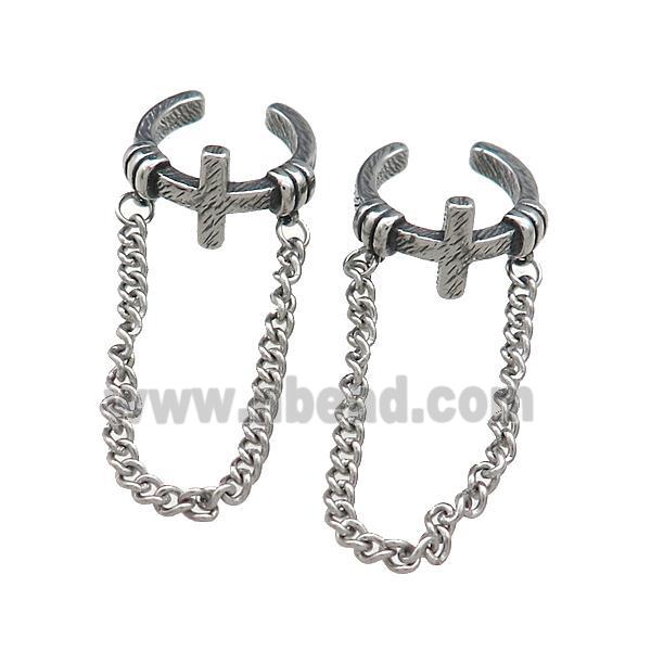 Stainless Steel Clip Earrings Cross Antique Silver