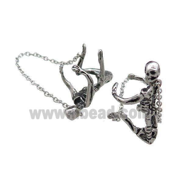 Stainless Steel Clip Earrings Skull Halloween Antique Silver