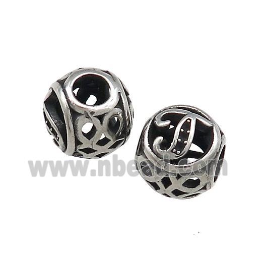 Titanium Steel Round Beads Letter-J Large Hole Hollow Antique Silver