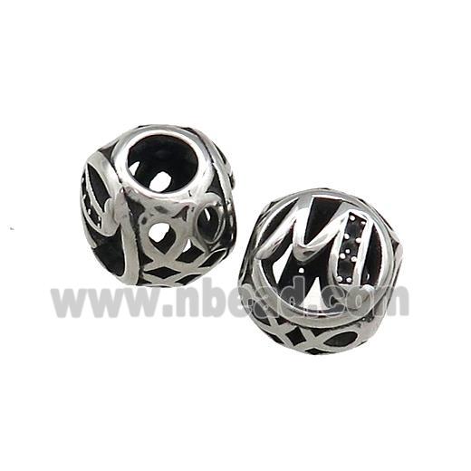 Titanium Steel Round Beads Letter-M Large Hole Hollow Antique Silver