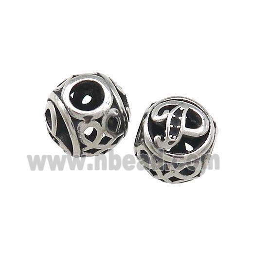 Titanium Steel Round Beads Letter-P Large Hole Hollow Antique Silver