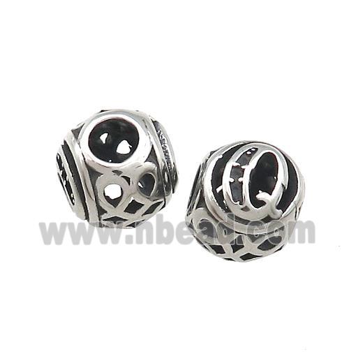 Titanium Steel Round Beads Letter-Q Large Hole Hollow Antique Silver