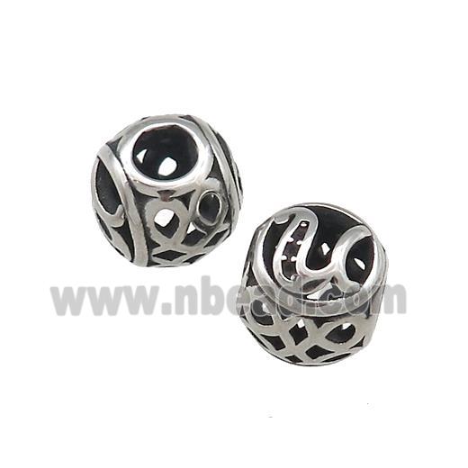 Titanium Steel Round Beads Letter-U Large Hole Hollow Antique Silver