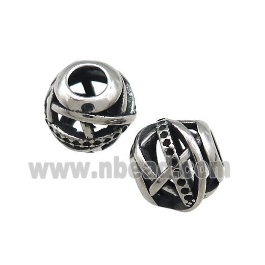 Titanium Steel Round Beads Large Hole Hollow Antique Silver