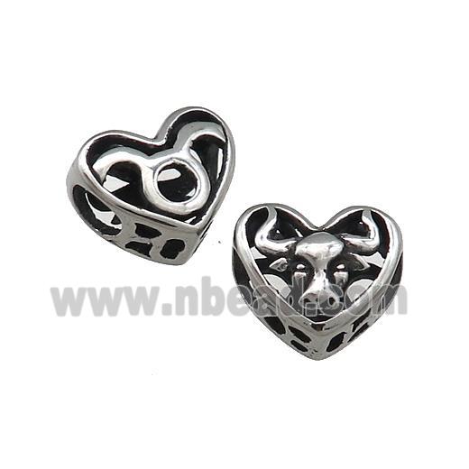 Titanium Steel Heart Beads Zodiac Taurus Large Hole Hollow Antique Silver