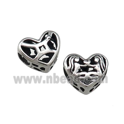 Titanium Steel Heart Beads Zodiac Gemini Large Hole Hollow Antique Silver