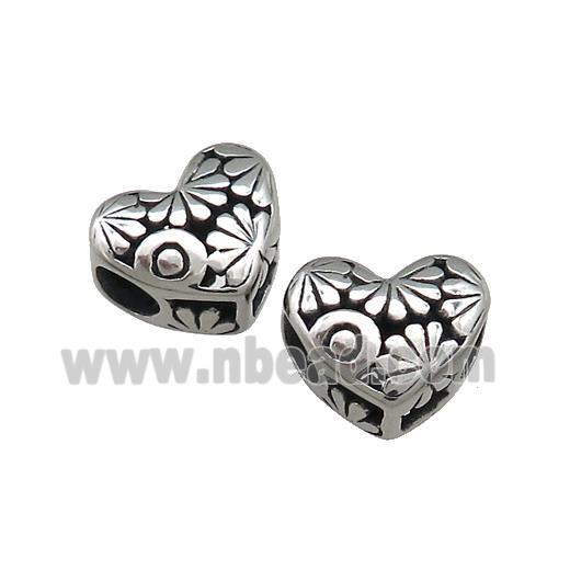 Titanium Steel Heart Beads Flower Large Hole Hollow Antique Silver