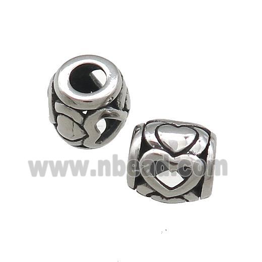 Titanium Steel Barrel Beads Heart Large Hole Hollow Antique Silver