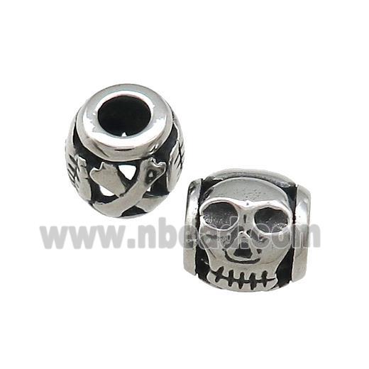 Titanium Steel Barrel Beads Large Hole Hollow Skull Antique Silver