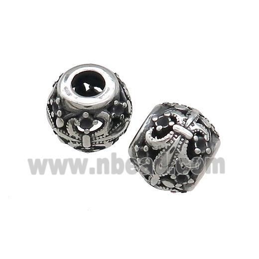 Titanium Steel Round Beads Large Hole Hollow Fleur De Lis Antique Silver