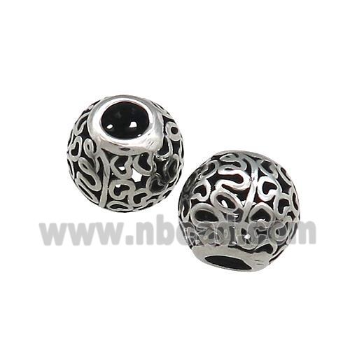 Titanium Steel Round Beads Large Hole Hollow Antique Silver