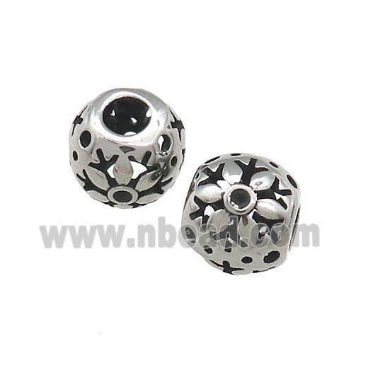 Titanium Steel Round Beads Large Hole Hollow Antique Silver