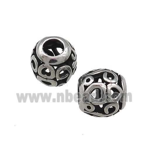 Titanium Steel Round Beads Large Hole Hollow Antique Silver