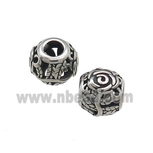 Titanium Steel Round Beads Large Hole Hollow Flower Antique Silver