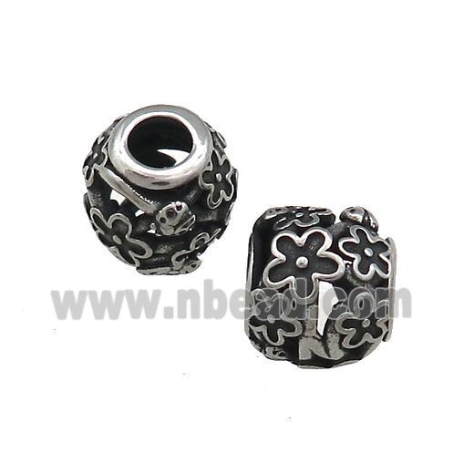 Titanium Steel Round Beads Large Hole Hollow Flower Antique Silver